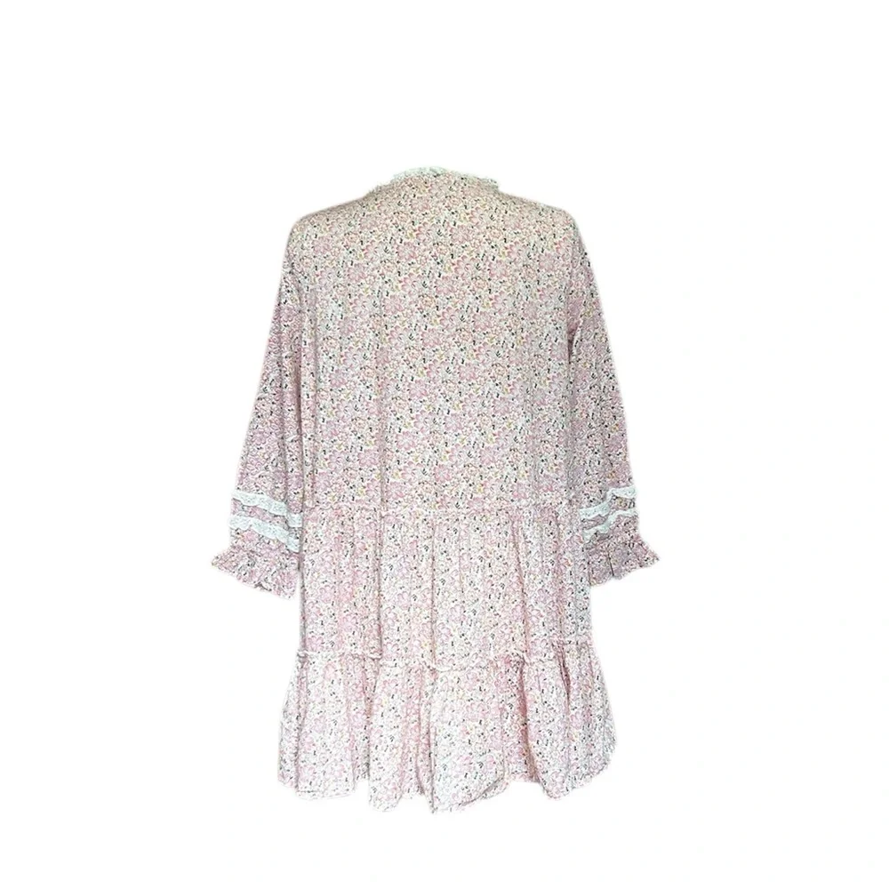 Sundance Pink Floral Nightgown Sleep Dress‎ Tiered Lace Trim Ruffle Cotton M